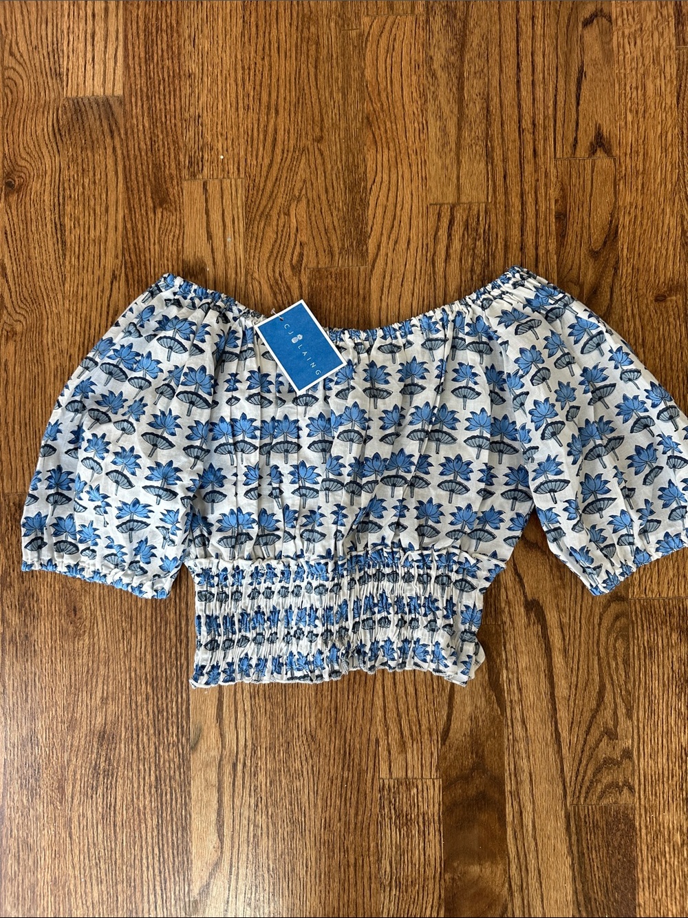 Smocked Off-Shoulder Blue Floral Crop Top - C/Meo Collective
